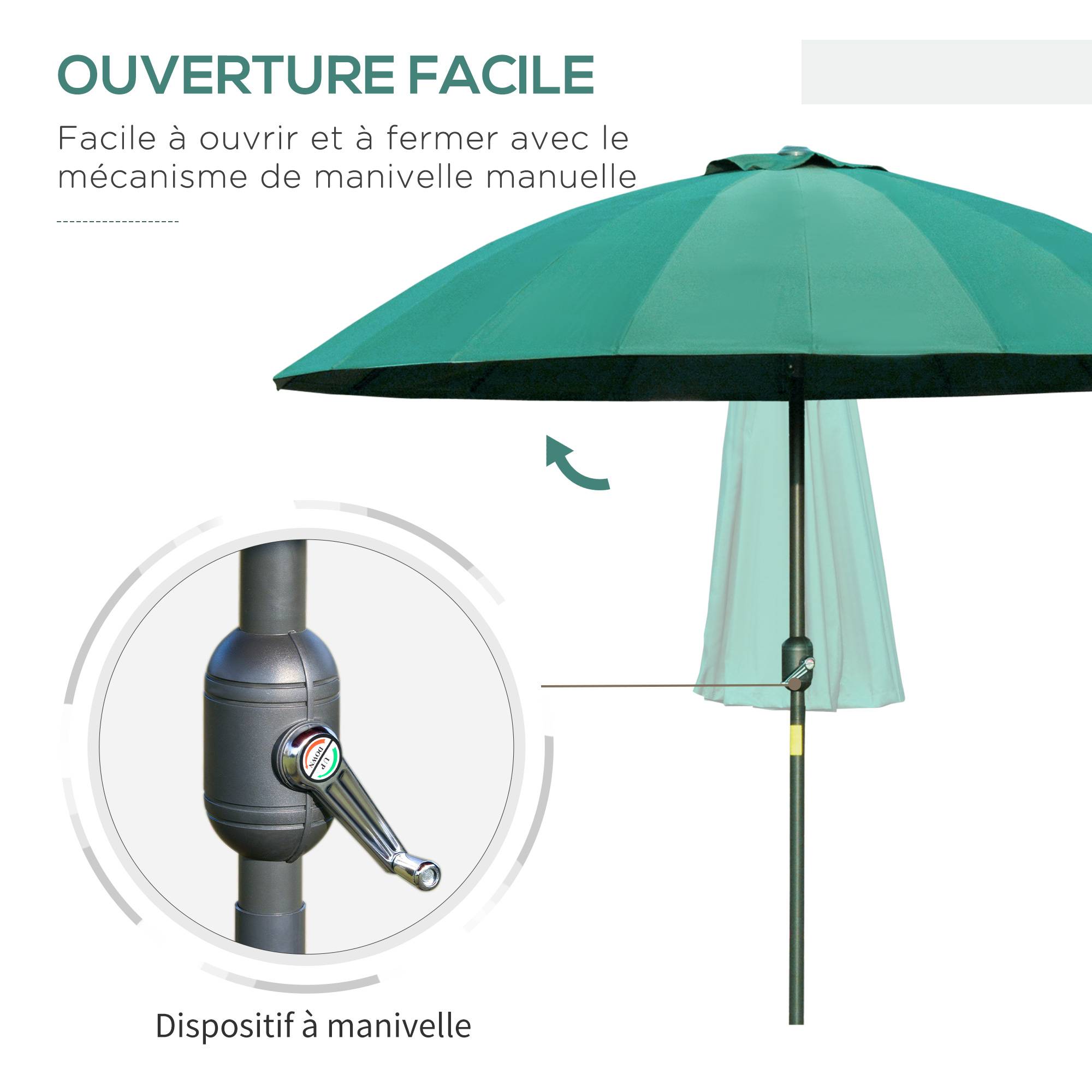 Parasol droit parasol de jardin inclinable rond 18 baleines manivelle - 255x255x240cm Métal Vert fr176 - Image 6