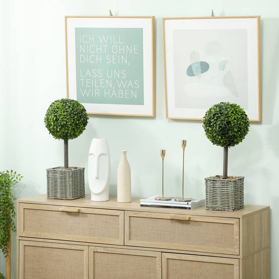 Lot de 2 plantes artificielles décoratives, boules de buis artificiel 50 cm avec pot en plastique tressé et galets - Image 4