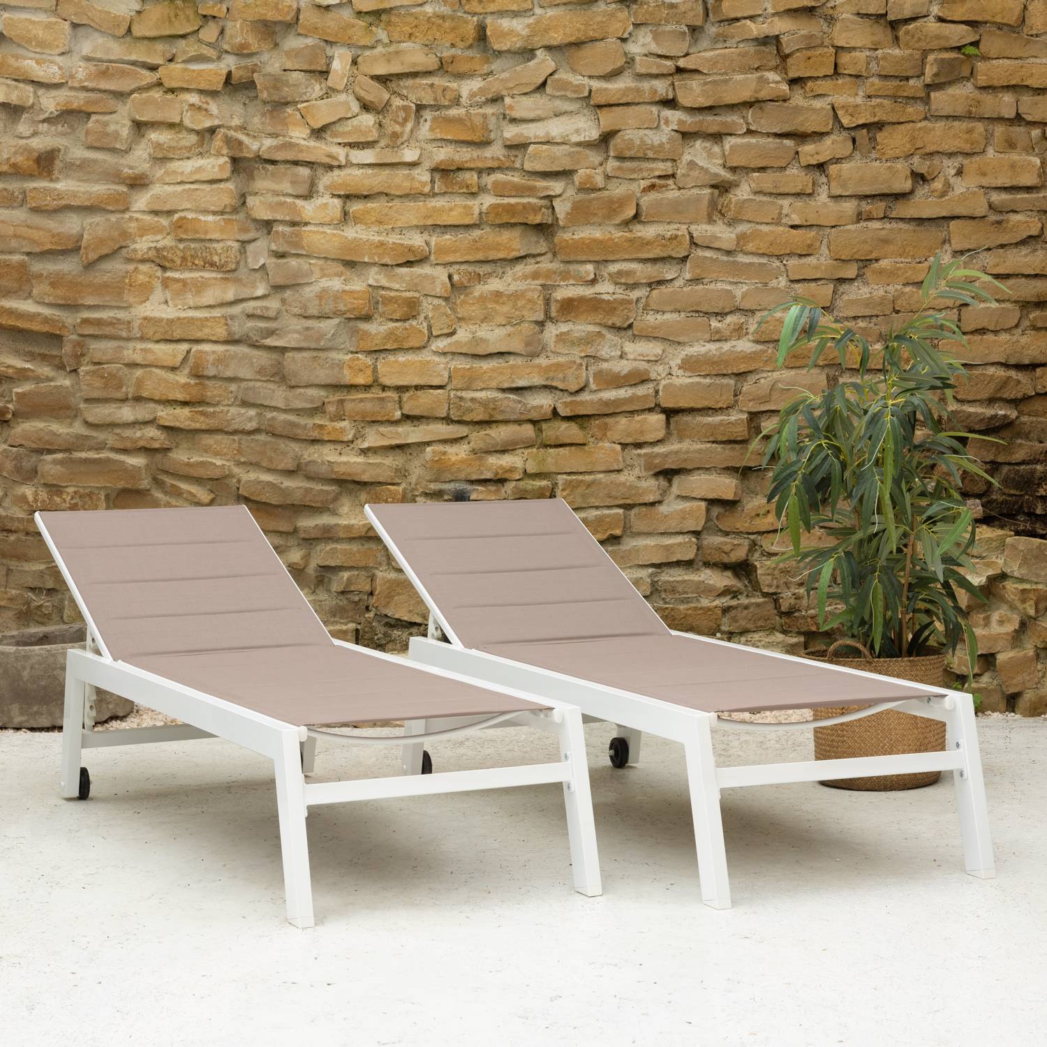 Happy Garden - Lot de 2 bains de soleil BARBADOS en textilène taupe - aluminium blanc - HAPPY GARDEN - Image 10