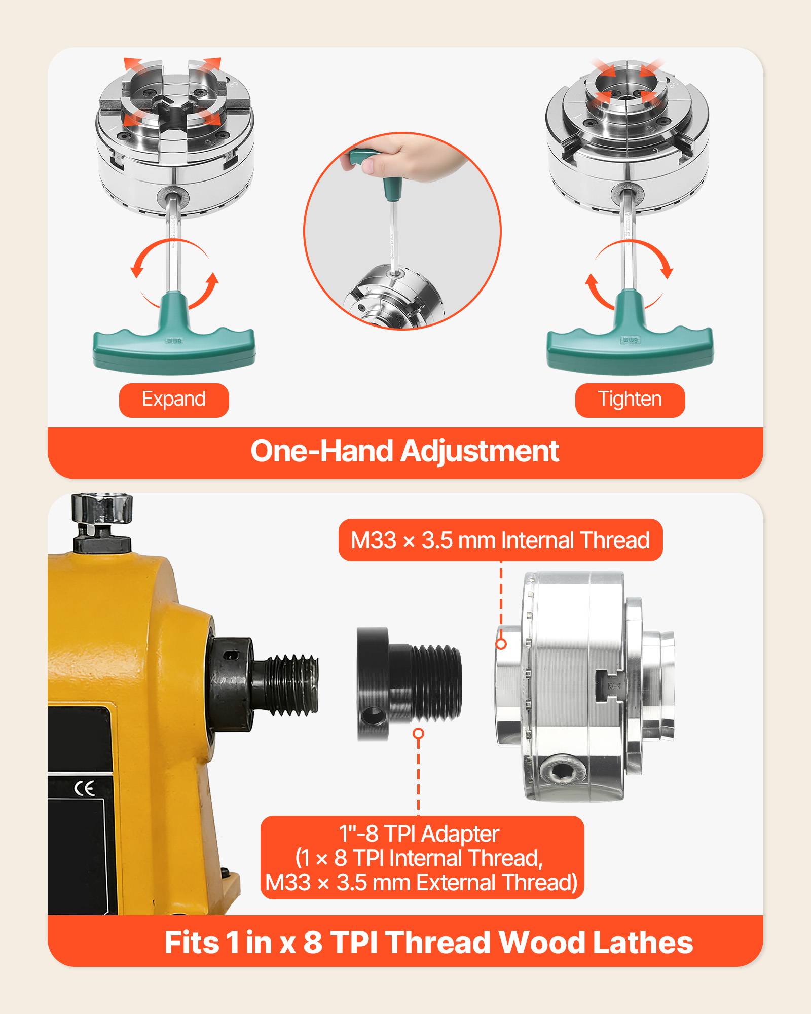 Vevor - VEVOR Mandrin tour à bois 4 mors autocentrant 102 mm, adaptateur 1"x8 TPI, mâchoires interchangeables, acier nickelé - Image 5