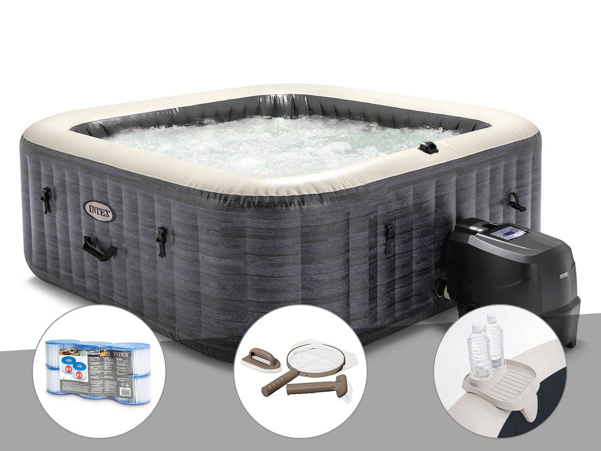 Kit spa gonflable Intex PureSpa Ardoise carré Bulles 6 places + 6 filtres + Kit d'entretien + Porte-verre - Image 1
