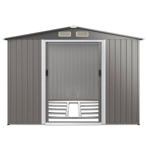 Helloshop26 - Abri de jardin métal extérieur 9,74m³ acier galvanisé avec fondation 4 persiennes double porte et rampe 260 x 207 x 181 cm gris foncé - Image 2