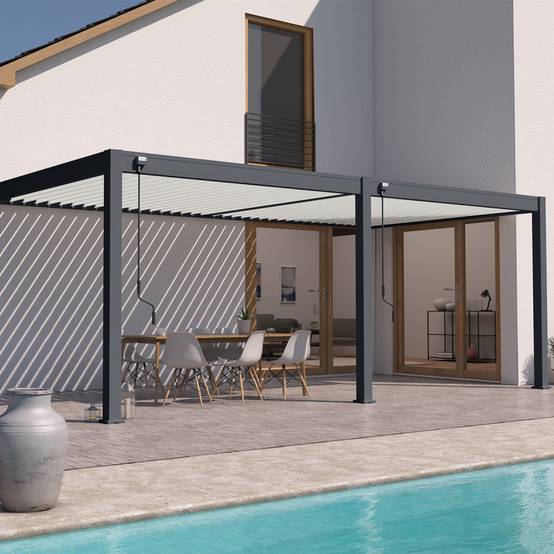 Ombrea - Pergola bioclimatique Ombréa adossée VS - 3x6M bicolore + 2 stores Blancs - Image 1