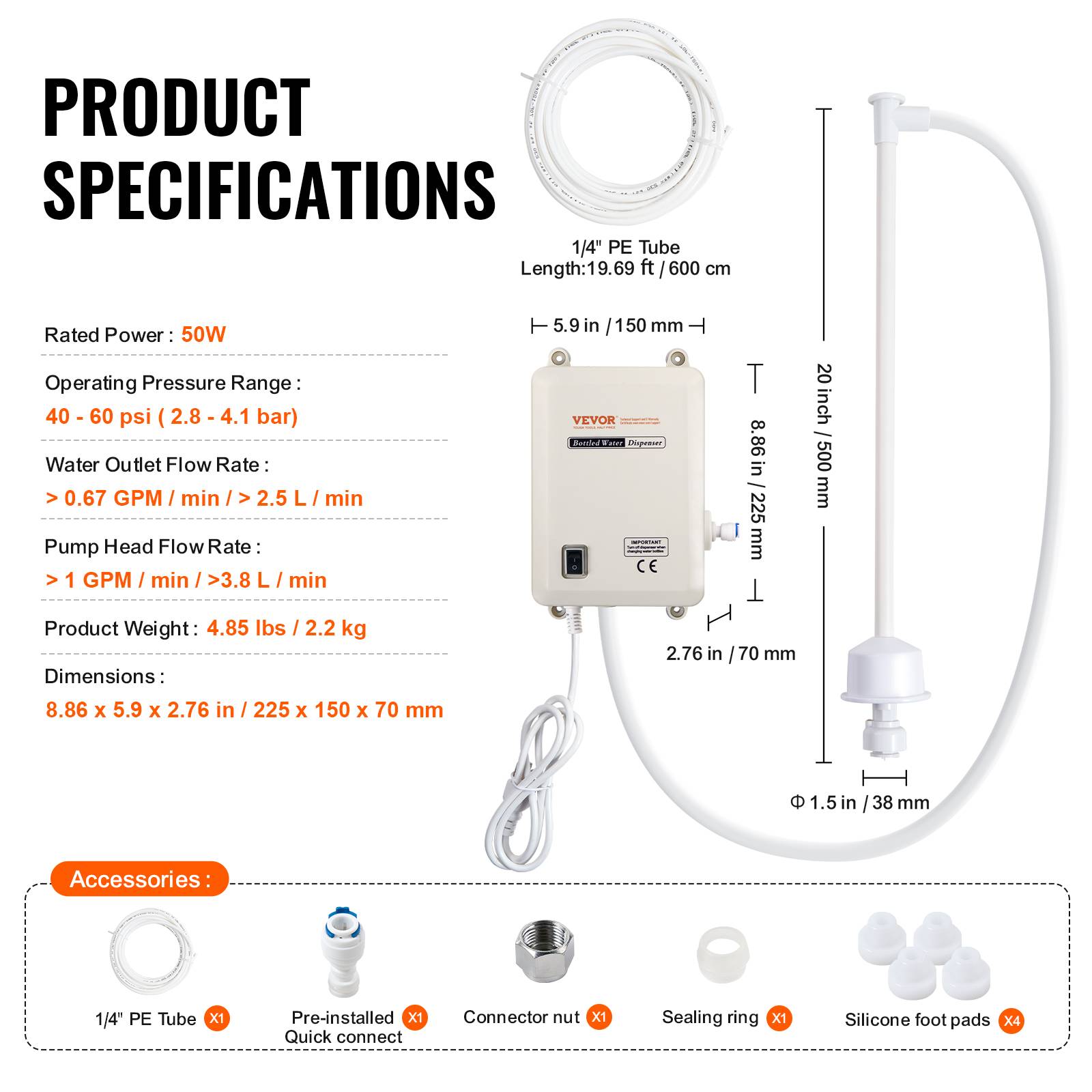 VEVOR Distributeur eau électrique 3.78 L/min, 35W. 40 PSI, grande capacité. Pour machine espresso, réfrigérateur. - Image 7