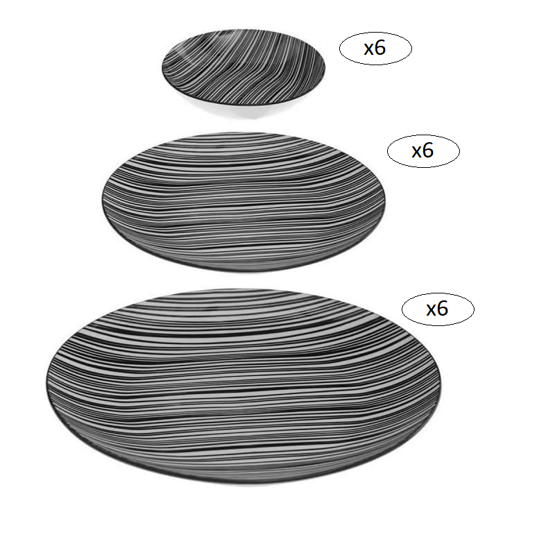 Service de 18 assiettes en porcelaine "Bohemia" à motif zébré - Noir/Blanc - D 26,6/20/19 cm - Image 1