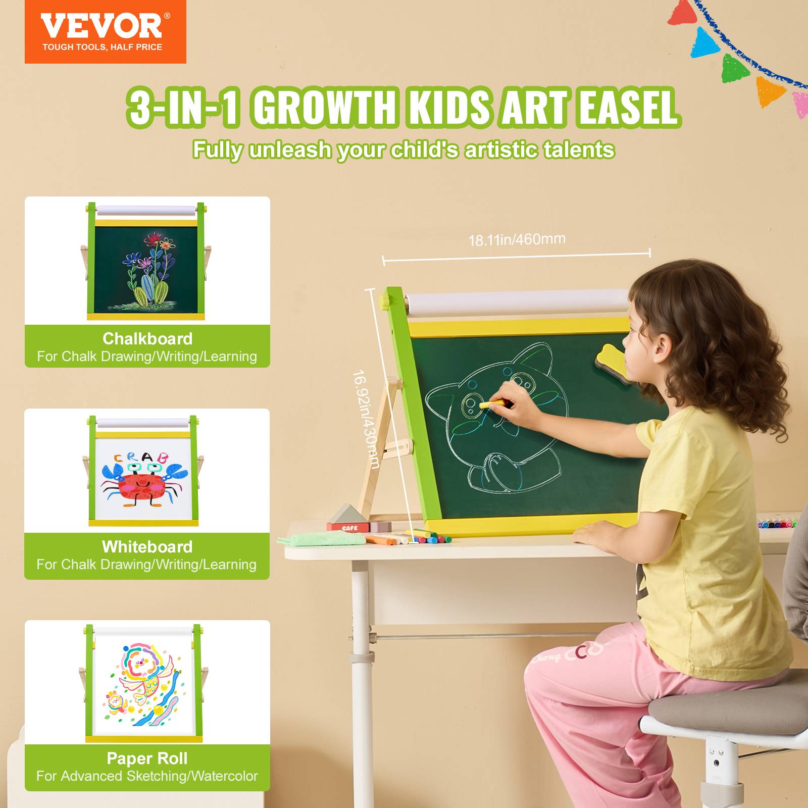 Vevor - VEVOR Chevalet art table enfants, bois 3 en 1, tableau blanc magnétique, noir, dessin, pliable. - Image 2