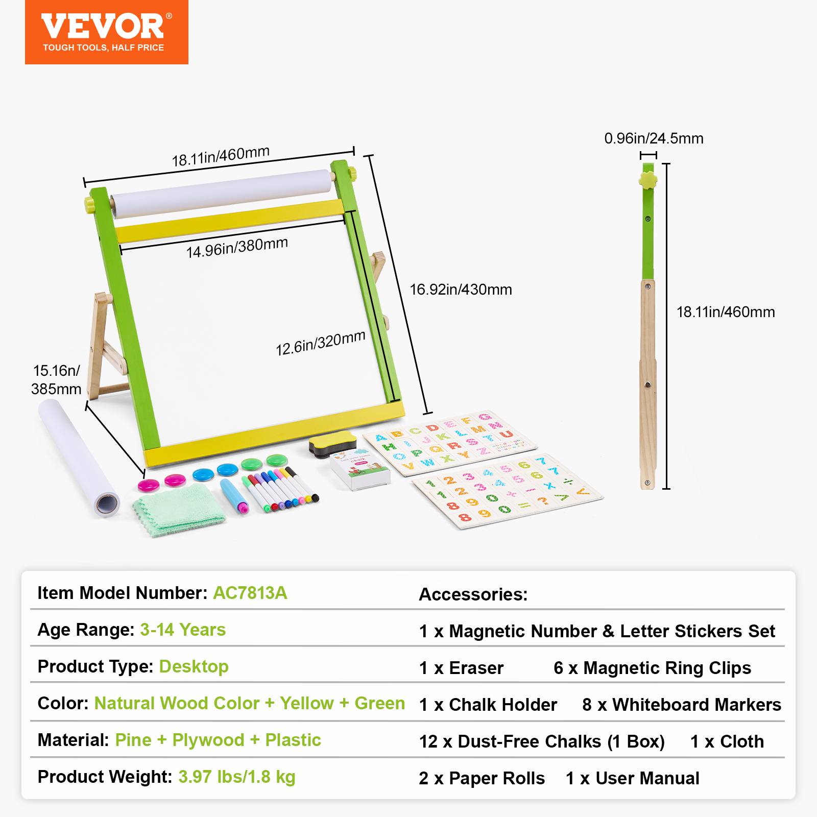 Vevor - VEVOR Chevalet art table enfants, bois 3 en 1, tableau blanc magnétique, noir, dessin, pliable. - Image 7