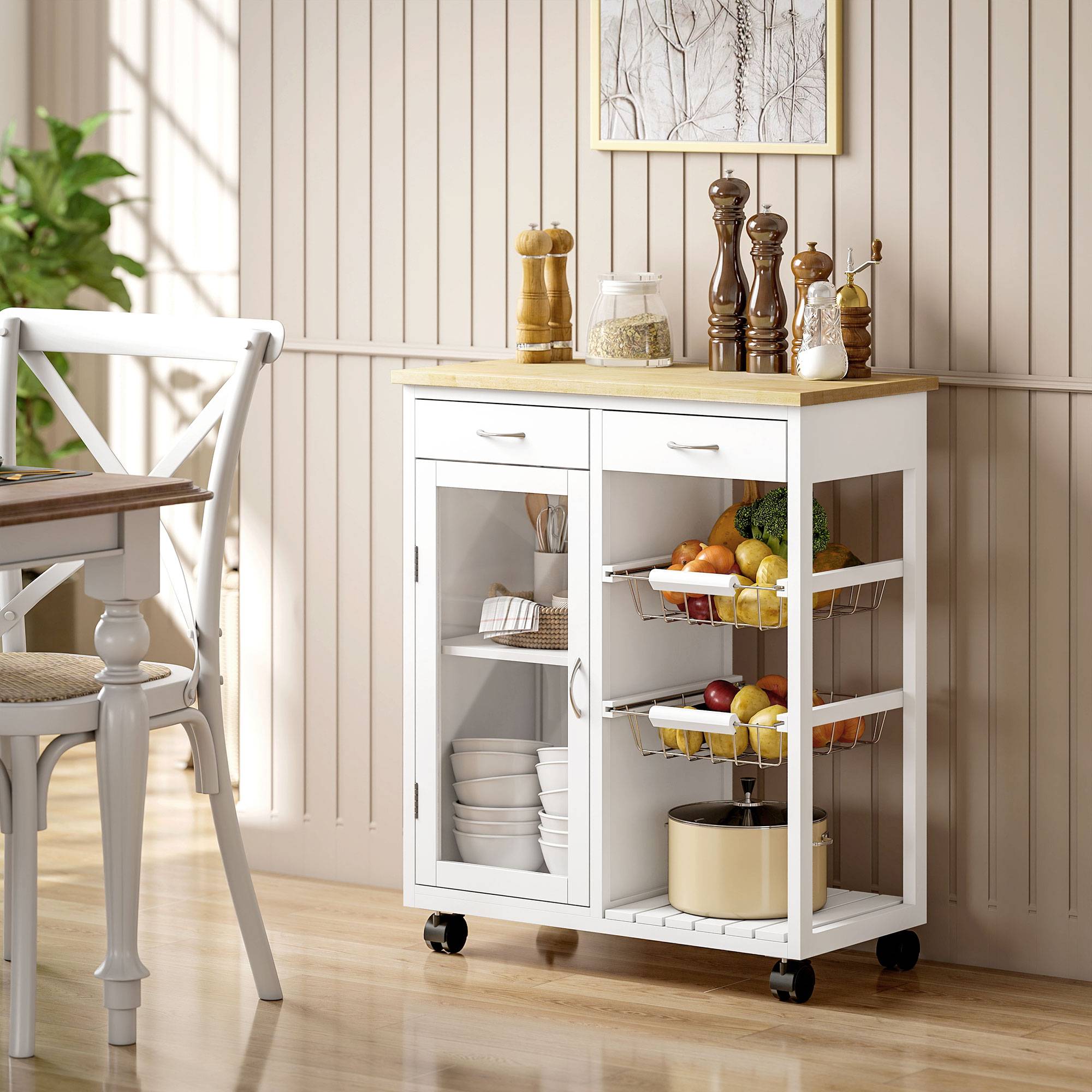 Sans Marque - Desserte cuisine roulettes îlot central cuisine plateau bambou porte vitrée 67x35x80 cm blanc - Image 3