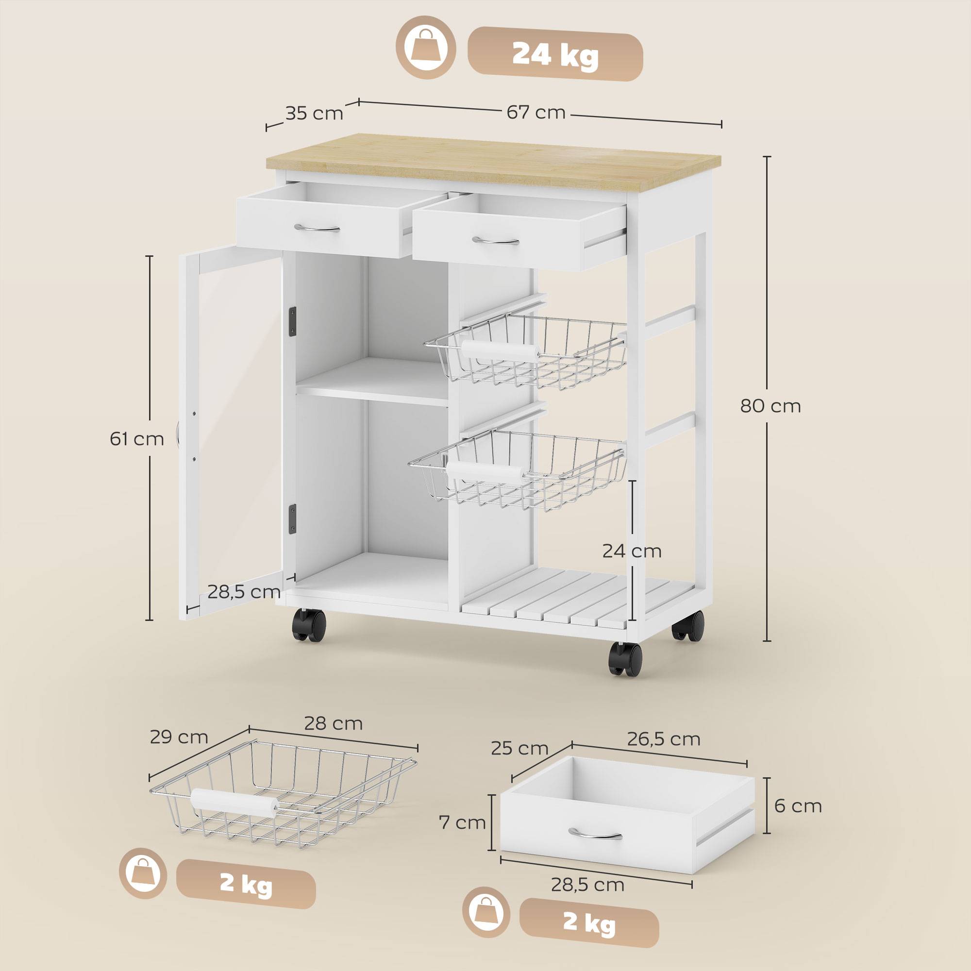 Sans Marque - Desserte cuisine roulettes îlot central cuisine plateau bambou porte vitrée 67x35x80 cm blanc - Image 5