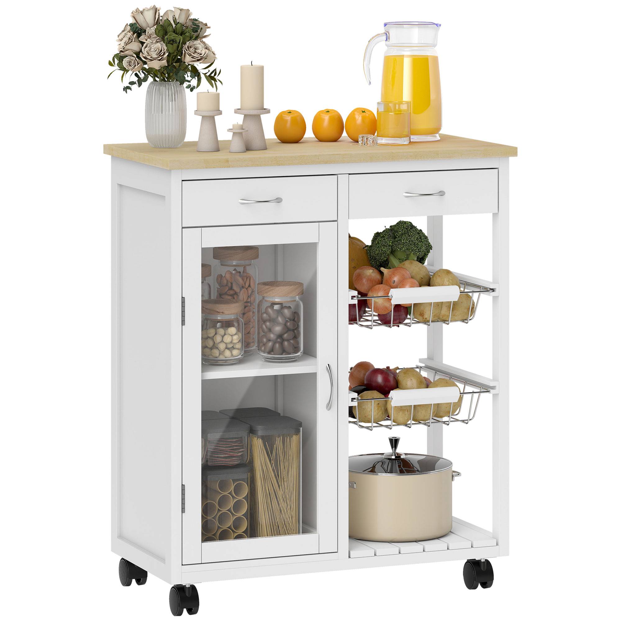 Sans Marque - Desserte cuisine roulettes îlot central cuisine plateau bambou porte vitrée 67x35x80 cm blanc - Image 1