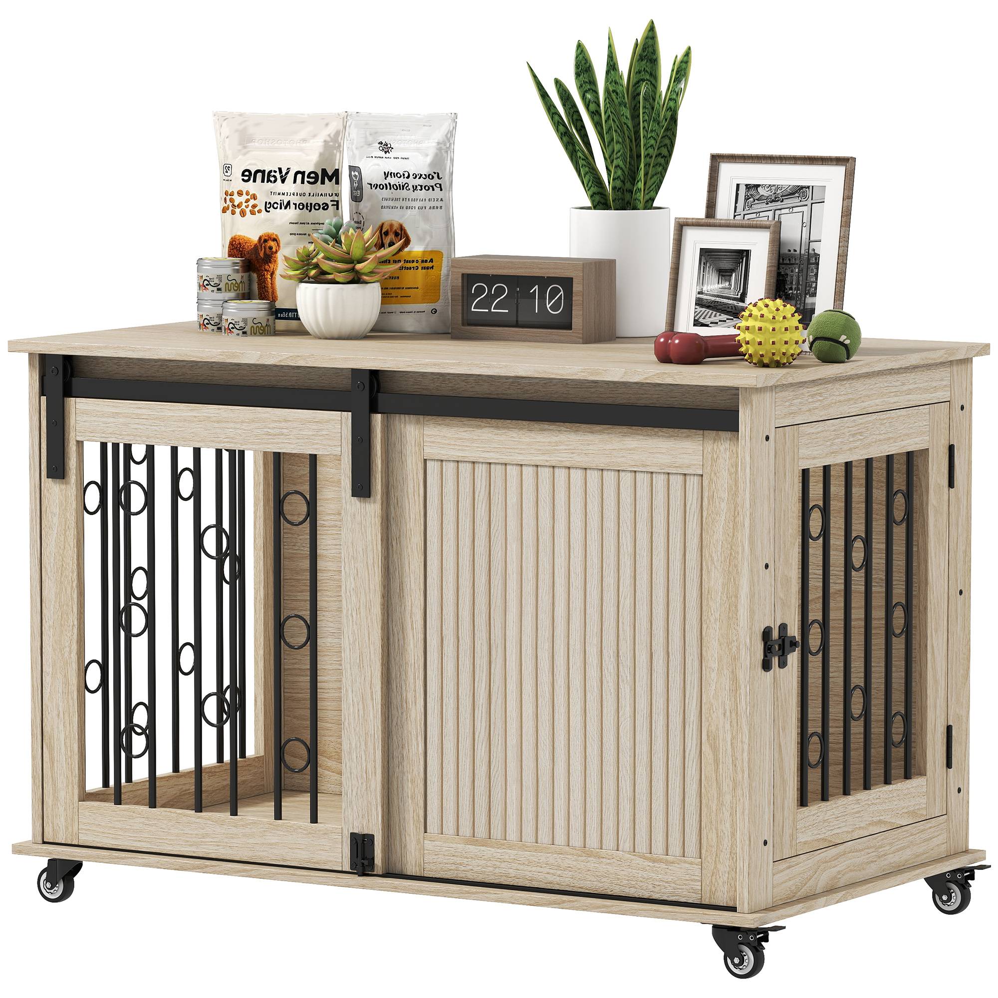 Cage chien moyen/grand table moderne, 2 portes, fermeture, 100x56x65 cm, chêne - Image 1