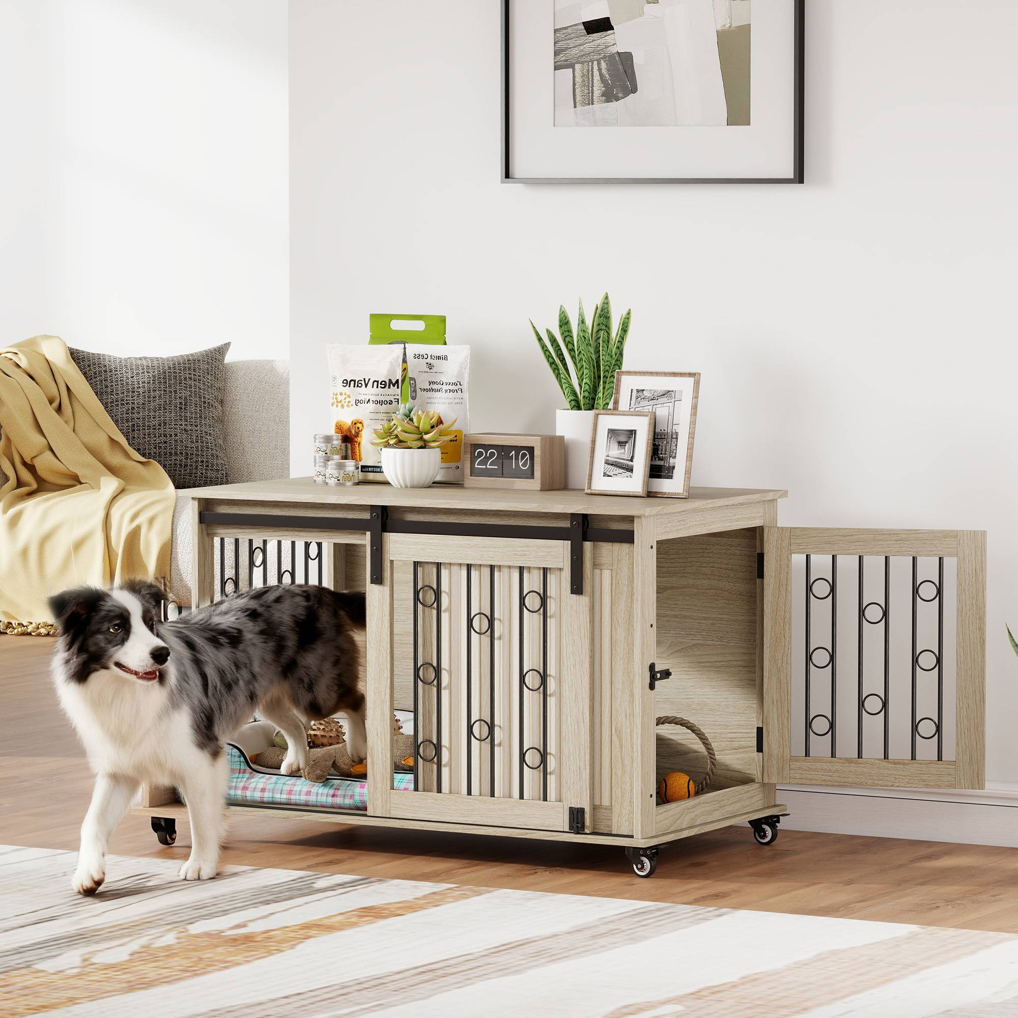 Cage chien moyen/grand table moderne, 2 portes, fermeture, 100x56x65 cm, chêne - Image 4