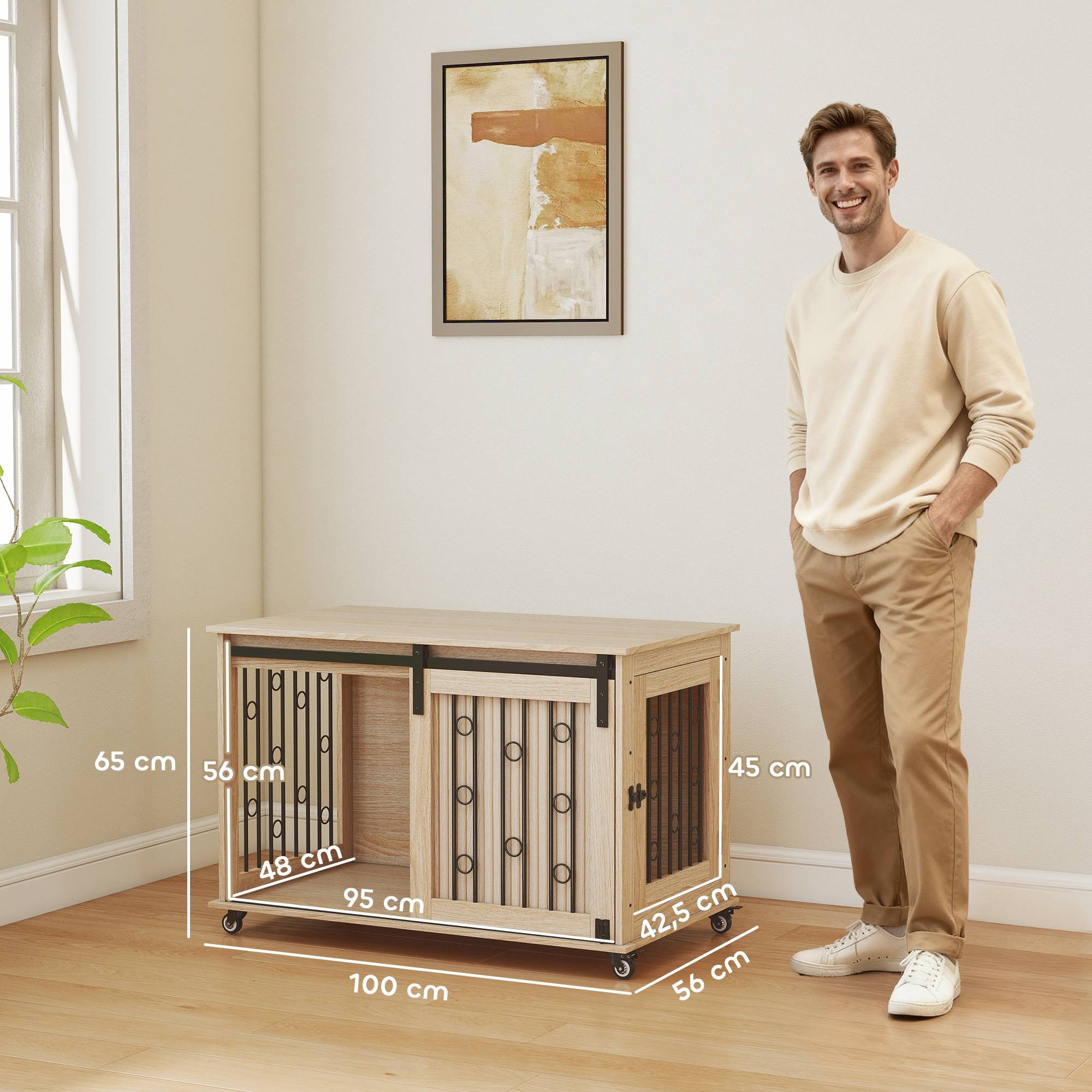 Cage chien moyen/grand table moderne, 2 portes, fermeture, 100x56x65 cm, chêne - Image 5