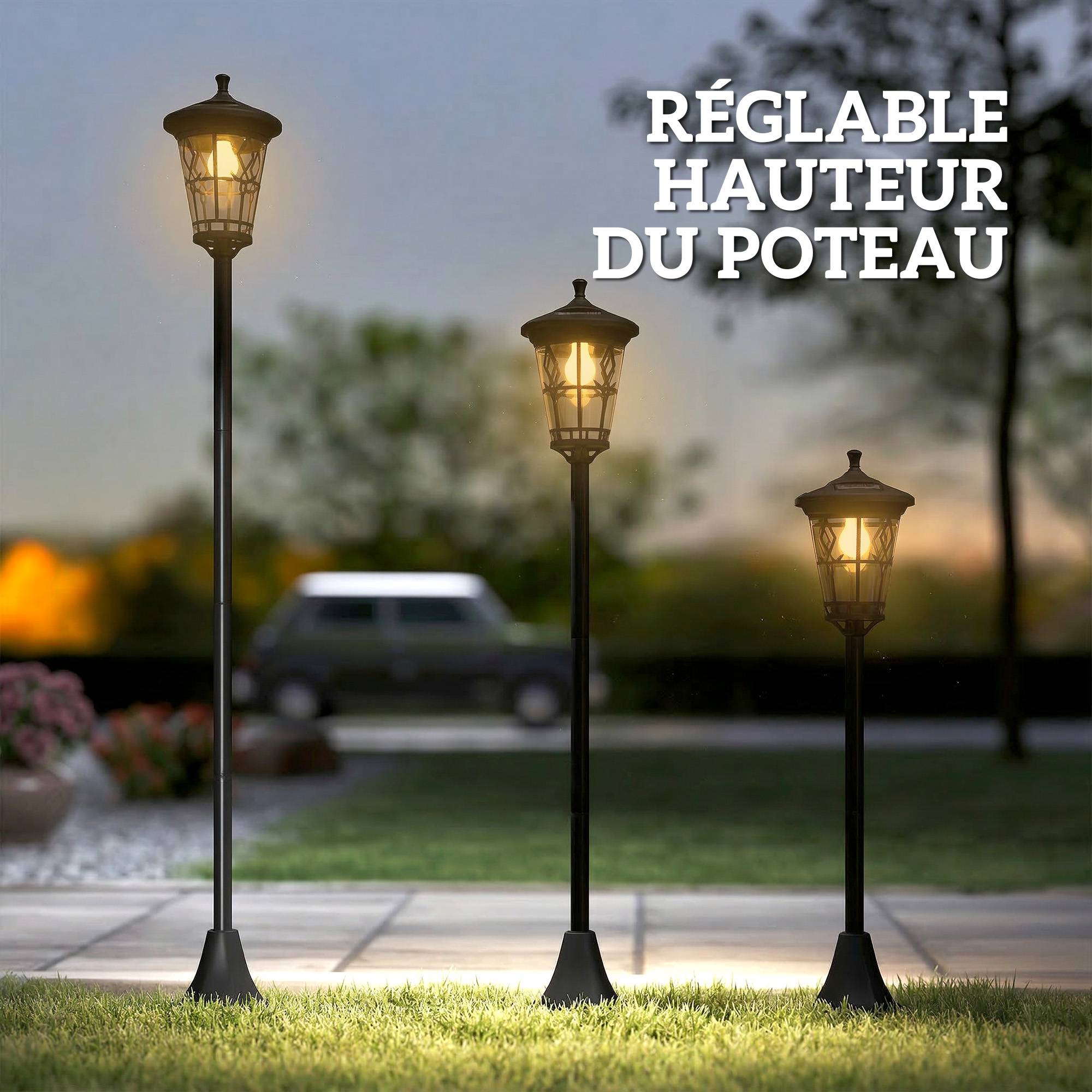 Lot de 2 Lampadaires Solaires 1,86 m pour Jardin, Lampes de Rue en Acier Inoxydable à Hauteur Réglable Noir - Image 10