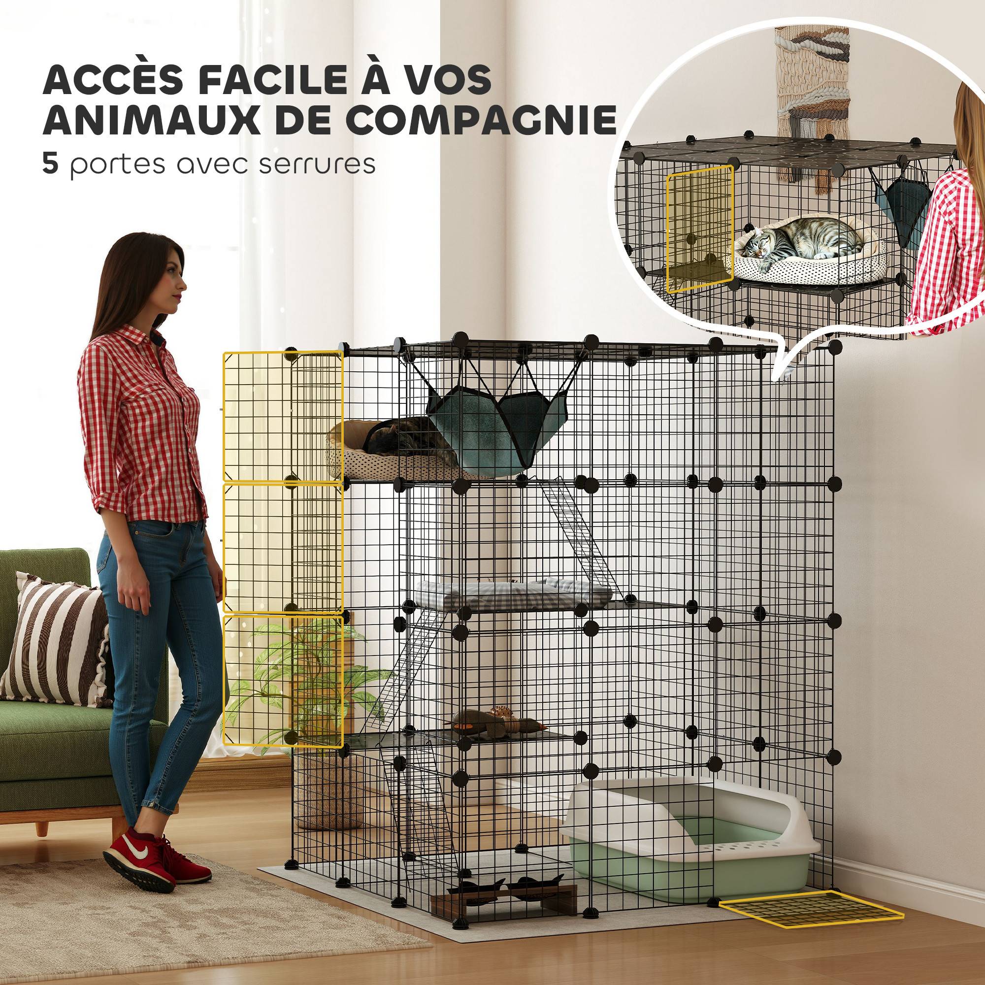 Parc enclos animaux acier intérieur espace jeu modulable 105x105x140cm noir - ComfortXL Outdoor Living - Image 8