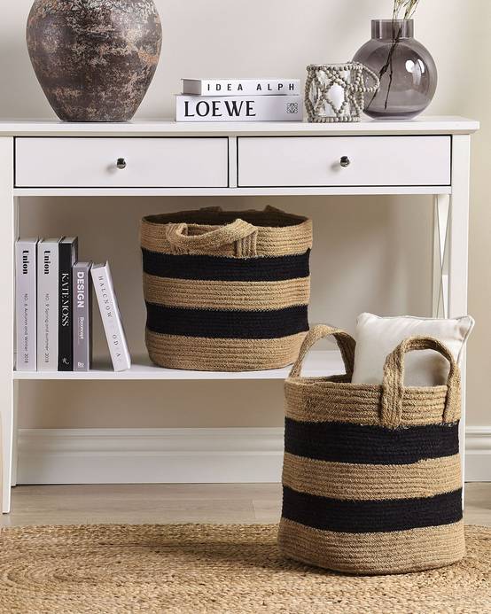 Panier Beige et Noir en Coton Rond 34 cm Corbeille à Linge Tressée Rangement pour Intérieur Minimaliste avec Anses Boîte - Image 2