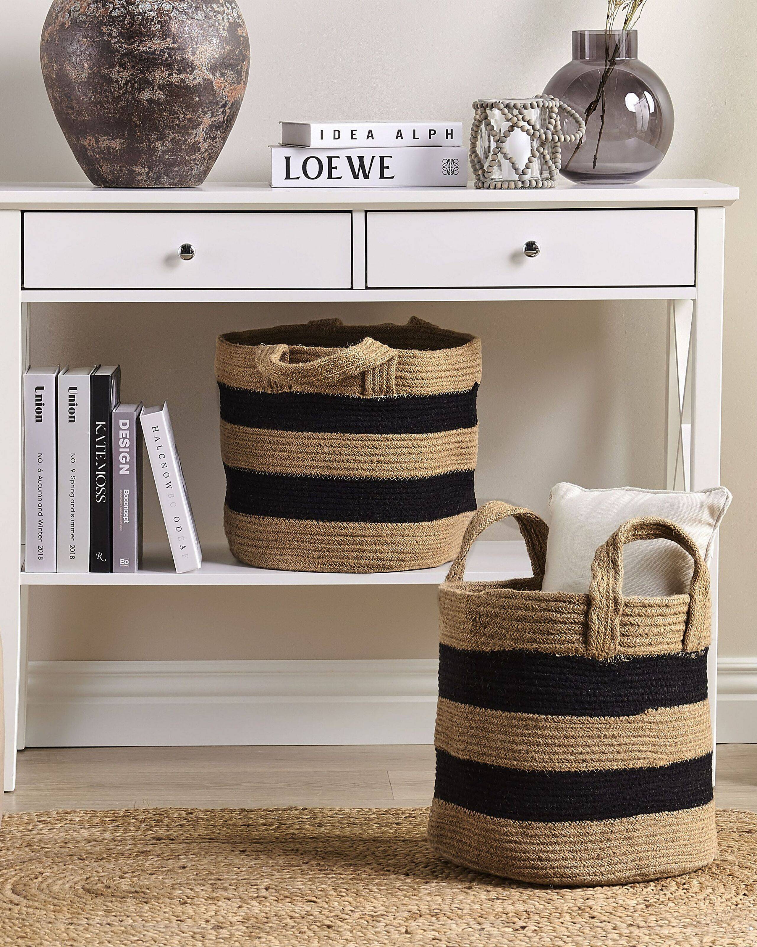Panier Beige et Noir en Coton Rond 34 cm Corbeille à Linge Tressée Rangement pour Intérieur Minimaliste avec Anses Boîte - Image 2