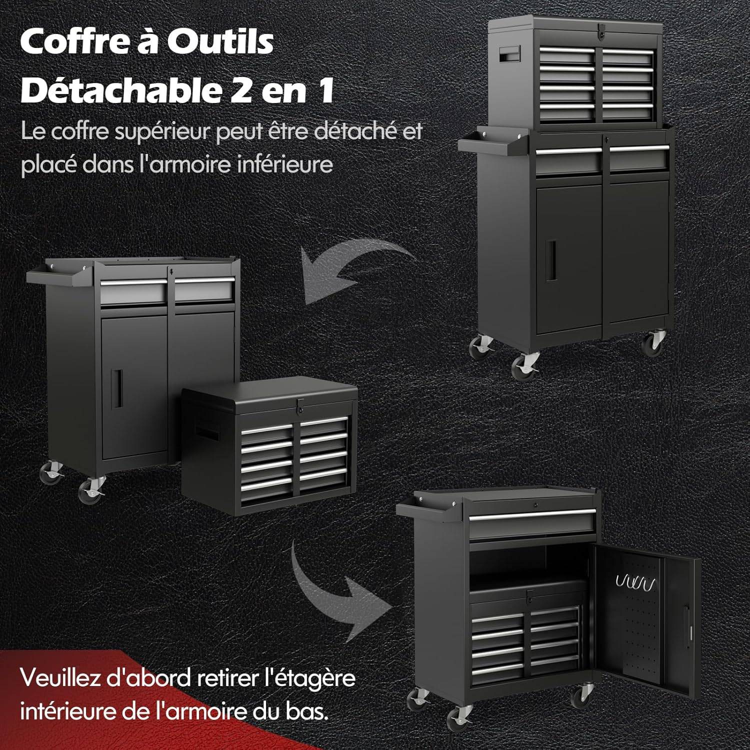 Servante d’Atelier à Outils 4 Tiroirs Compartiment Amovible  Noir - Image 2