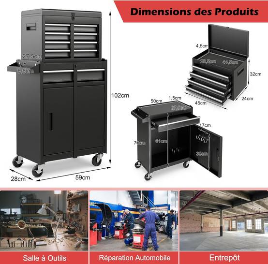 Servante d’Atelier à Outils 4 Tiroirs Compartiment Amovible Noir - Image 3