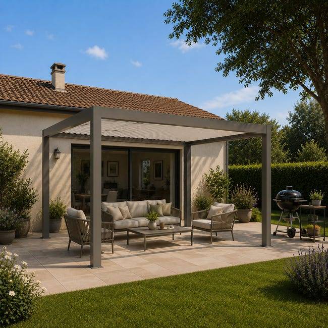 Pergola Bioclimatique Aluminium Autoportante Motorisée Éclairée 4x3,5 Gris SV ORIAL France - Image 6