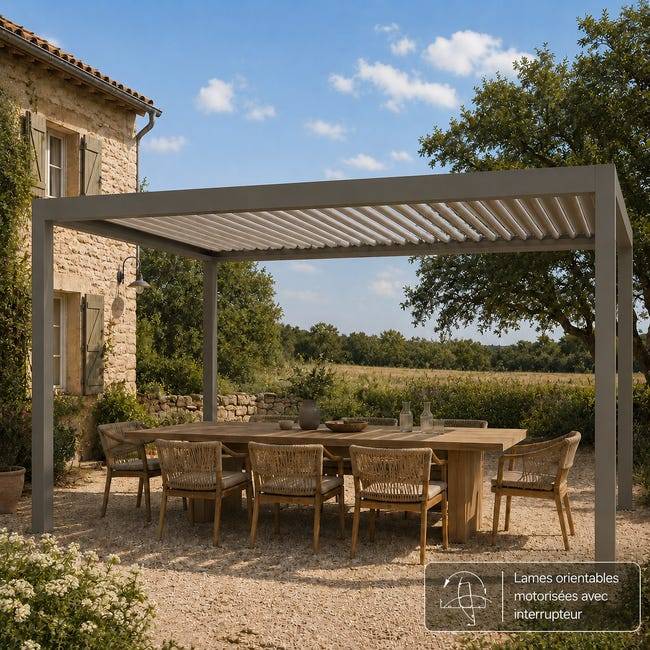 Pergola Bioclimatique Aluminium Autoportante Motorisée Éclairée 4x3,5 Gris SV ORIAL France - Image 4