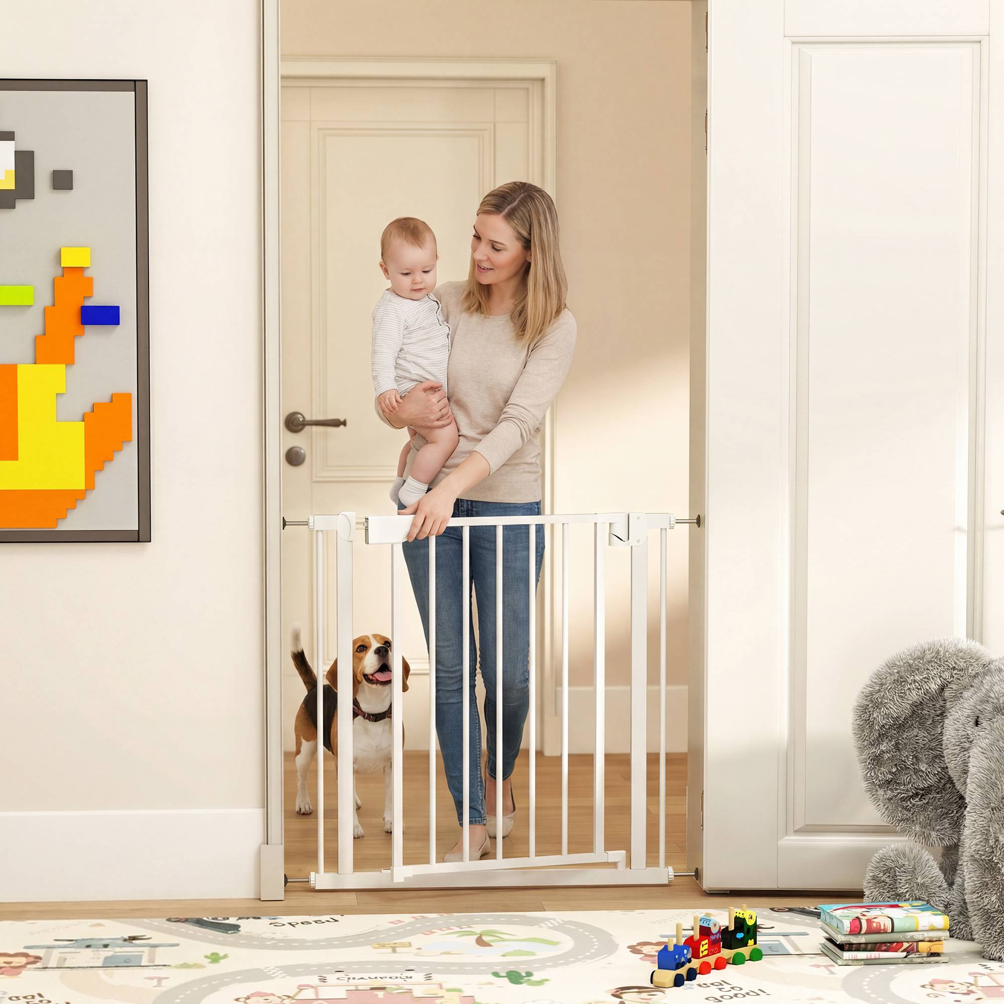 Barrière escalier sans perçage avec fermeture auto, enfants, cuisine, escalier, 76-81 x 76 cm, blanc - Image 3