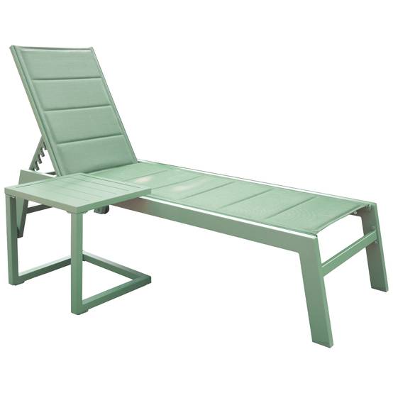 Set bain de soleil et table d'appoint BARBADOS en textilène vert sauge - aluminium vert sauge - HAPPY GARDEN - Image 1