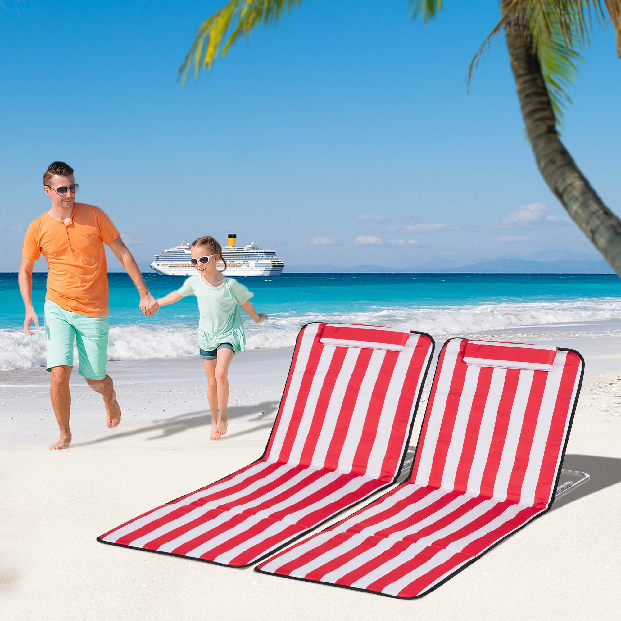 Ensemble de 2 chaises longues de plage pliables avec dossier réglable sur 5 niveaux et sac de rangement, rouge - Image 4