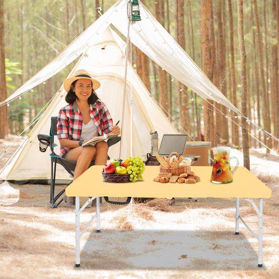 Table pliante 125cm poignée hauteur ajustable, multifonction camping intérieur extérieur charge 135kg jaune clair - Image 7