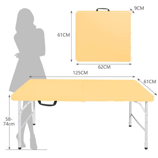 Table pliante 125cm poignée hauteur ajustable, multifonction camping intérieur extérieur charge 135kg jaune clair - Image 5