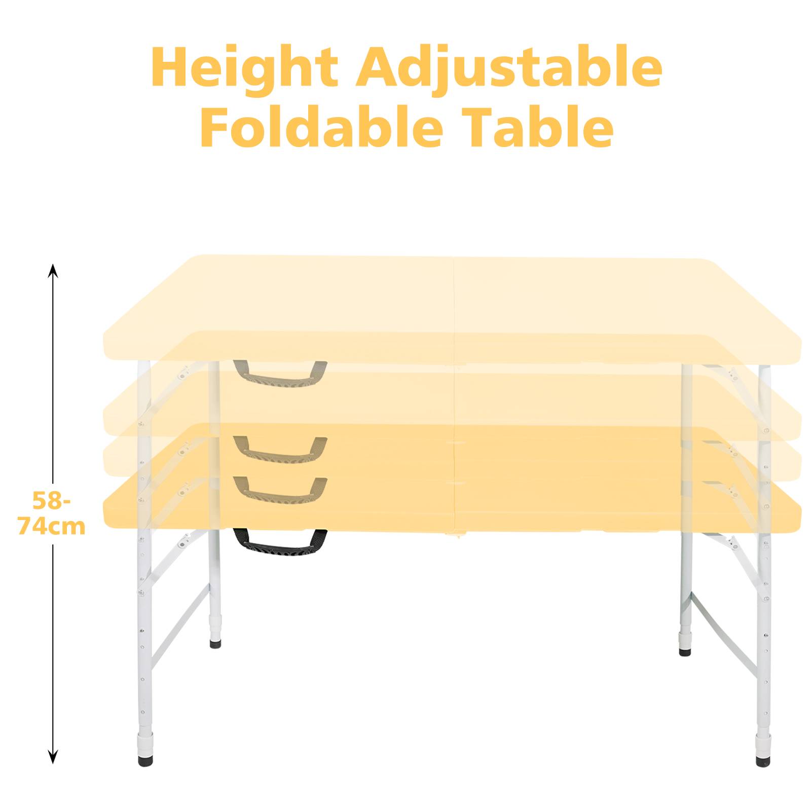 Table pliante 125cm poignée hauteur ajustable, multifonction camping intérieur extérieur charge 135kg jaune clair - Image 3