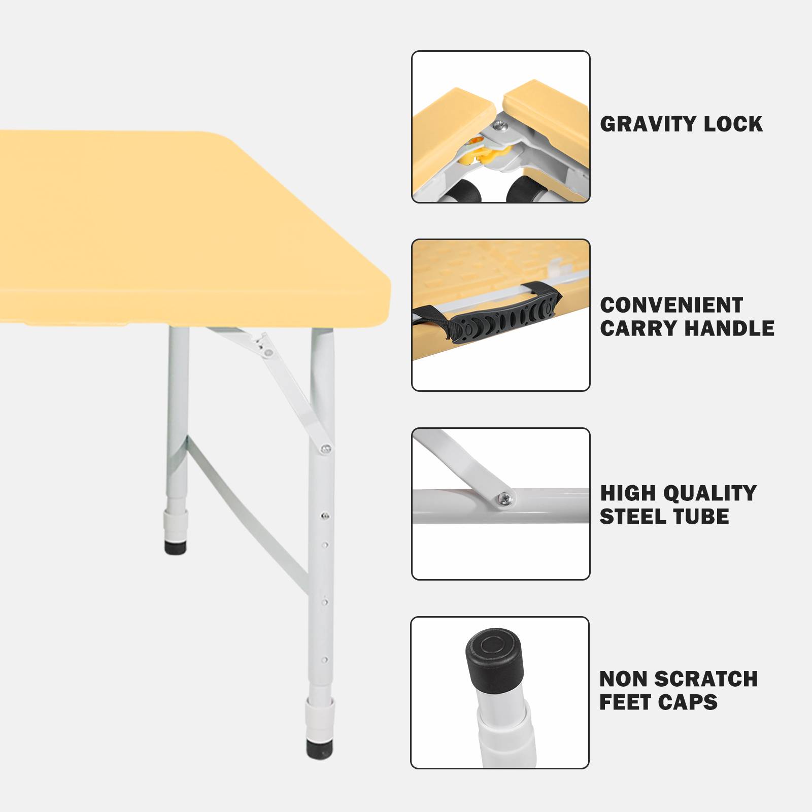 Table pliante 125cm poignée hauteur ajustable, multifonction camping intérieur extérieur charge 135kg jaune clair - Image 2