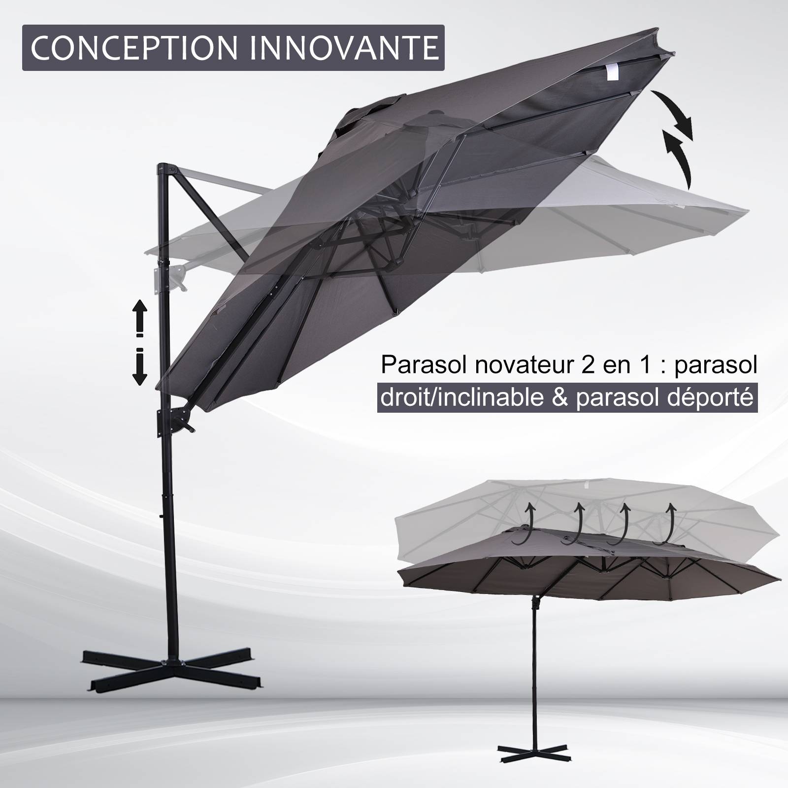 Parasol déporté grande taille XXL inclinable avec pied en croix - 445x270x260cm Métal Gris fr316 - Image 6