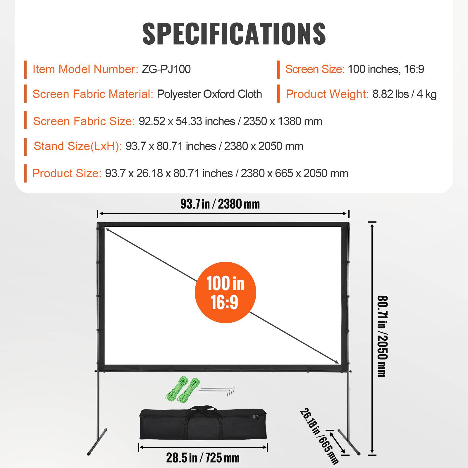Vevor - VEVOR Écran projection sur pied portable 100 pouces 16:9 HD, double face anti-plis, sac. - Image 7