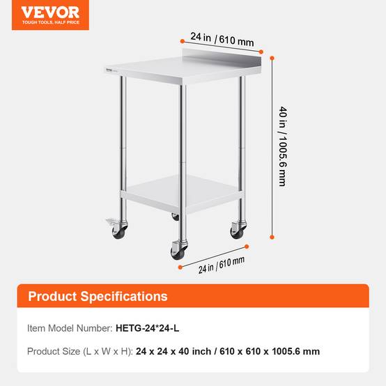 Vevor - VEVOR Table de travail inox 61x61x100.6 cm, préparation aliments, roulettes, étagères réglables, pour restaurant. - Image 7