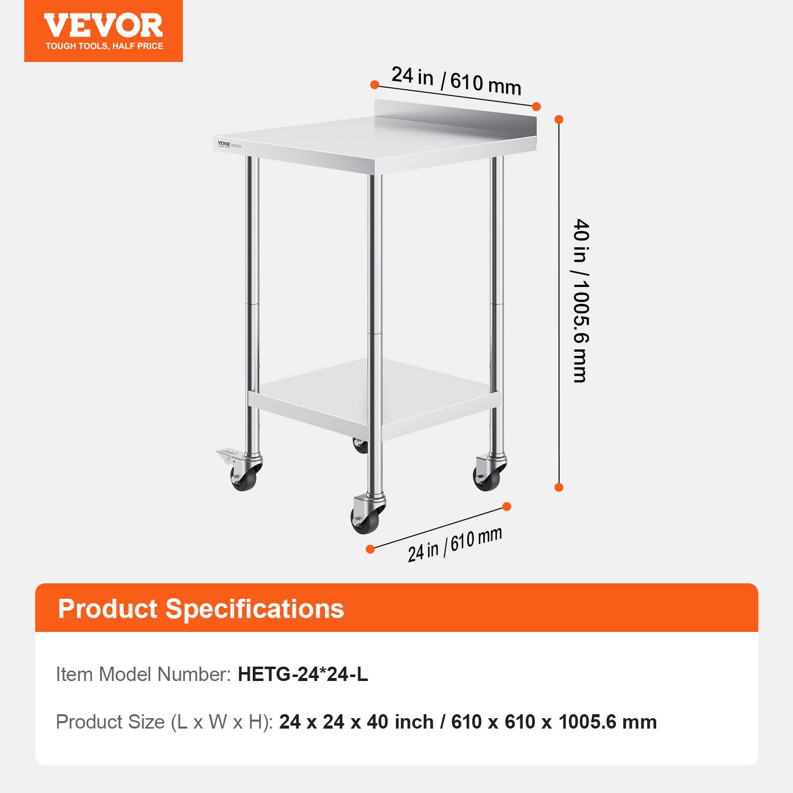 Vevor - VEVOR Table de travail inox 61x61x100.6 cm, préparation aliments, roulettes, étagères réglables, pour restaurant. - Image 7