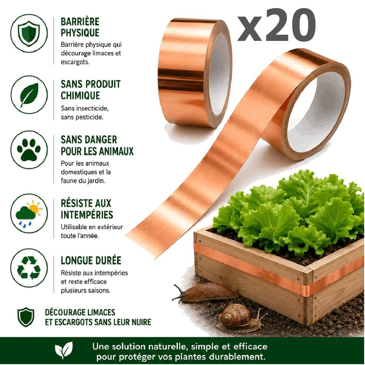 Tout pour les nuisibles - 20 Rubans de Cuivre Anti-Limaces et Escargots SOLU'LIMACES – Barrière Physique Adhésive pour Potager, Jardinières, Pots et Bacs de Culture -4mx3cm - Image 2