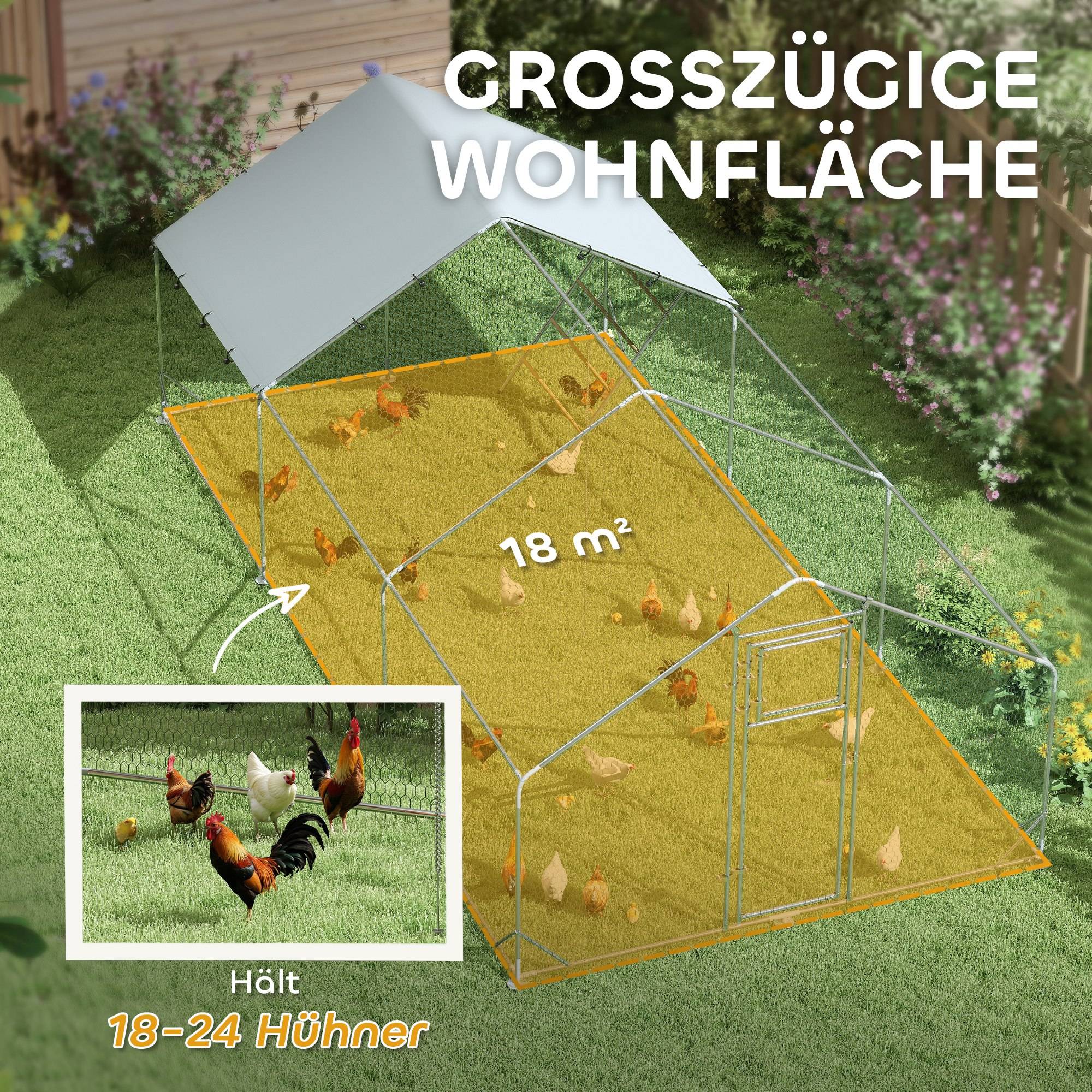 Poulailler, enclos pour poules élevées en plein air, avec bâche résistante aux UV, grillage en acier, mangeoire automatique, pour 18 à 24 poules - Image 6