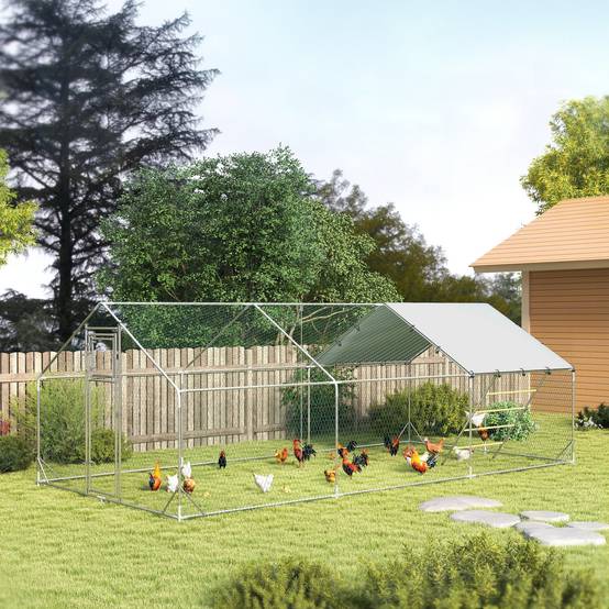 Poulailler, enclos pour poules élevées en plein air, avec bâche résistante aux UV, grillage en acier, mangeoire automatique, pour 18 à 24 poules - Image 4