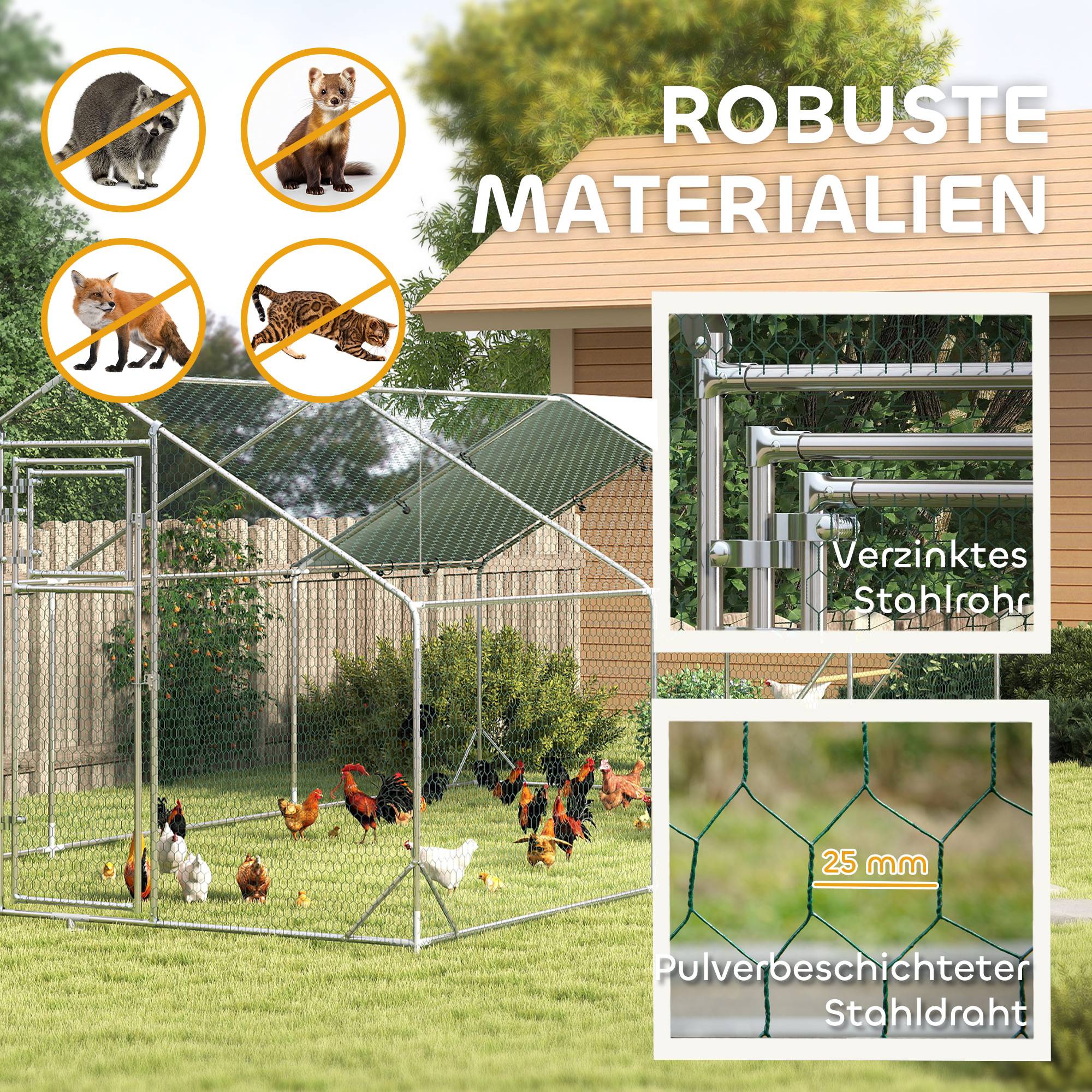 Poulailler, enclos pour poules élevées en plein air, avec bâche résistante aux UV, grillage en acier, mangeoire automatique, pour 18 à 24 poules - Image 8