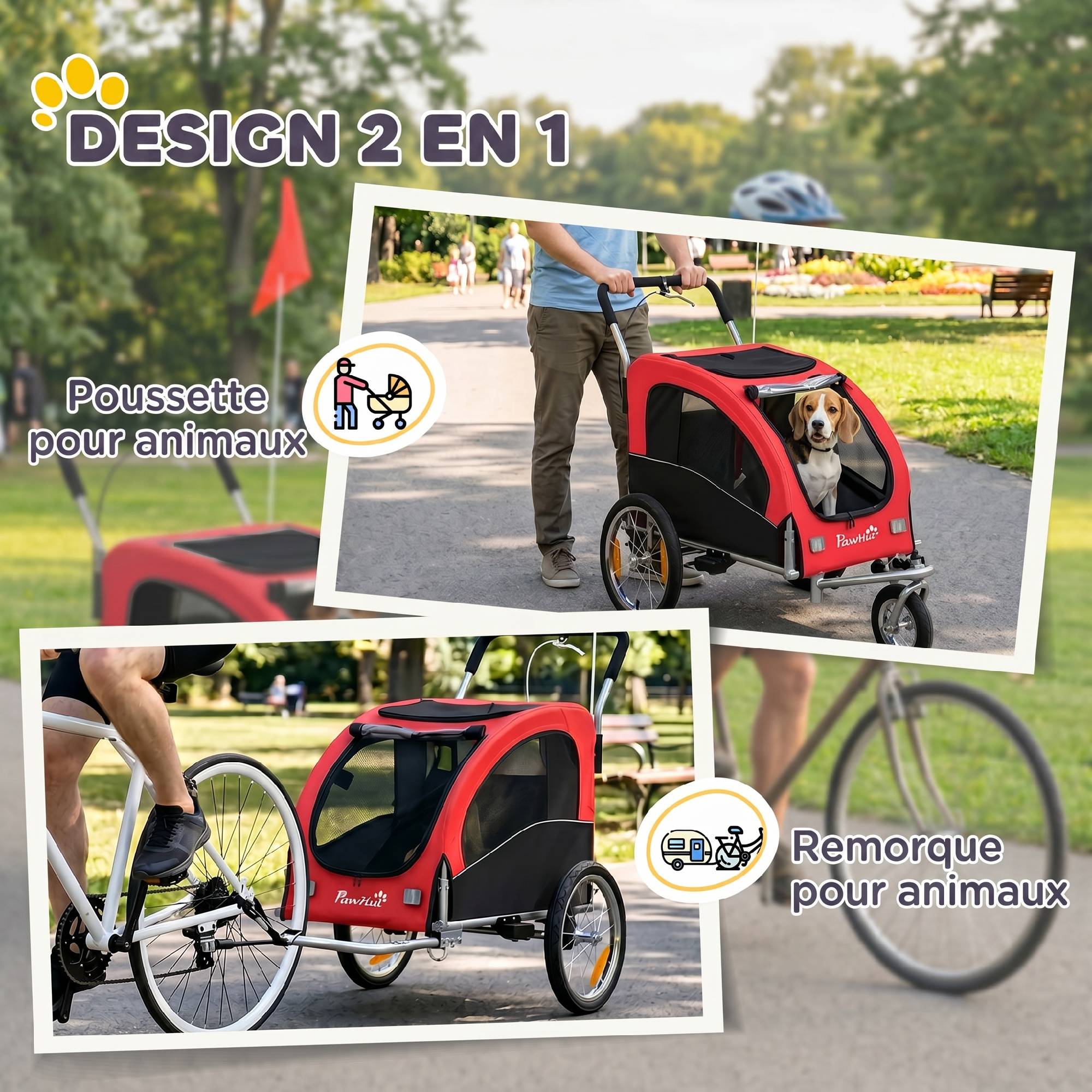 ComfortXL - Remorque vélo pour chien 2-en-1 en acier et tissu Oxford rouge 160 x 71 x 101 cm avec suspension et poussette - Image 4