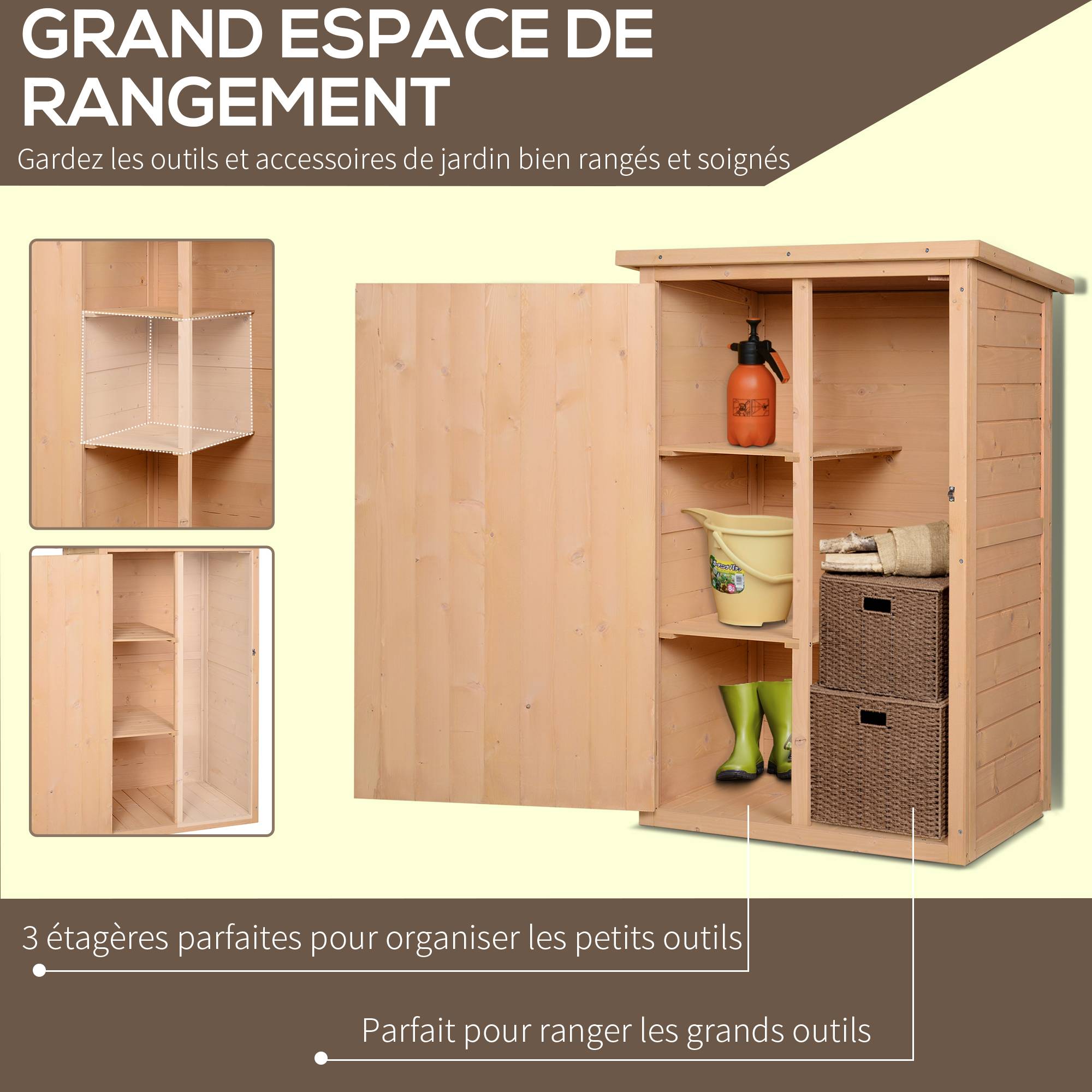 Armoire abri de Jardin Remise pour Outils Bois de Sapin pré-huilé Toit bitumé incliné - Grande Porte - Image 6