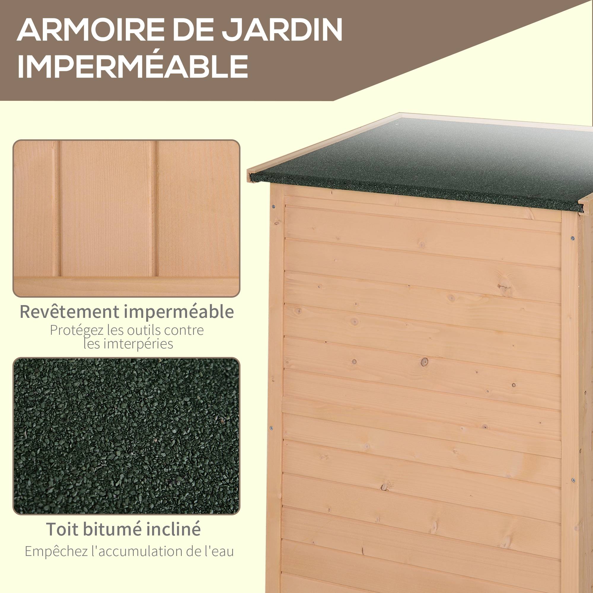 Armoire abri de Jardin Remise pour Outils Bois de Sapin pré-huilé Toit bitumé incliné - Grande Porte - Image 7