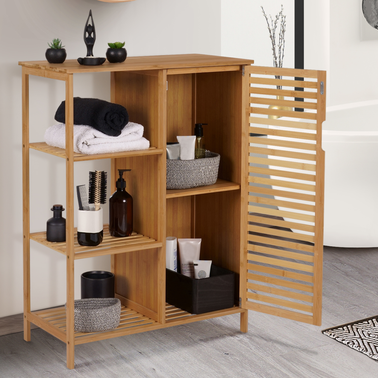 Meuble de rangement salle de bain bambou BEA 3 étagères avec placard - Image 3