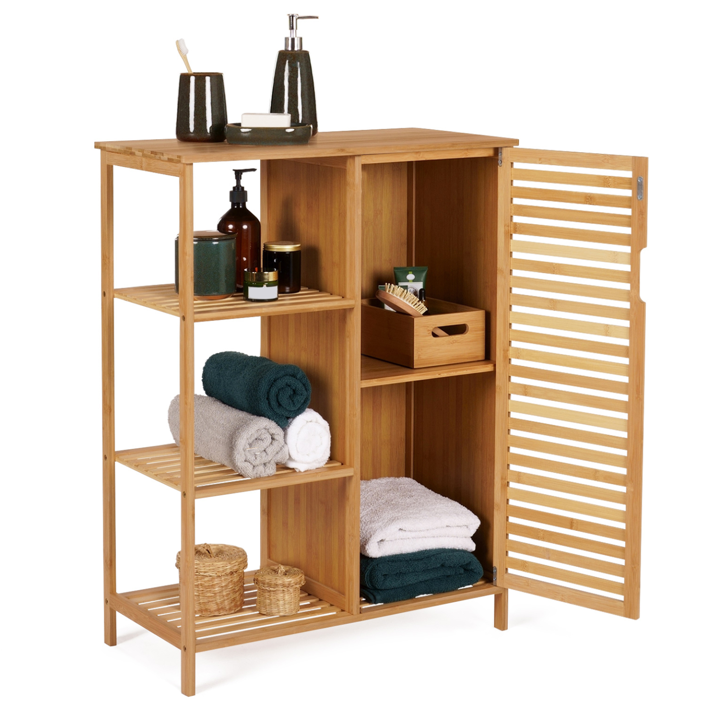 Meuble de rangement salle de bain bambou BEA 3 étagères avec placard - Image 4