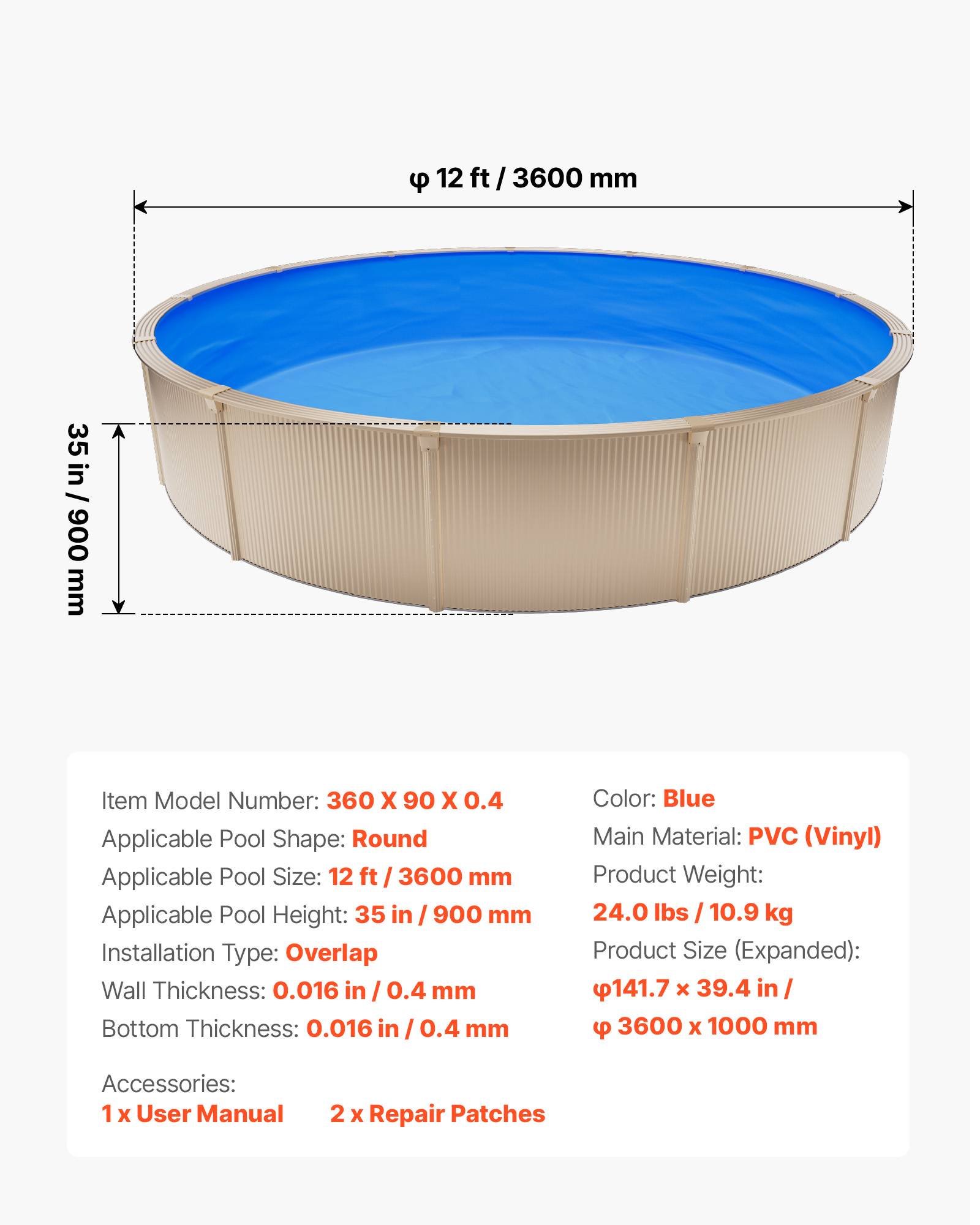 Vevor - VEVOR Liner Piscine Hors-Sol Film Intérieur de Piscine Ronde 360x90 cm Overlap - Image 7