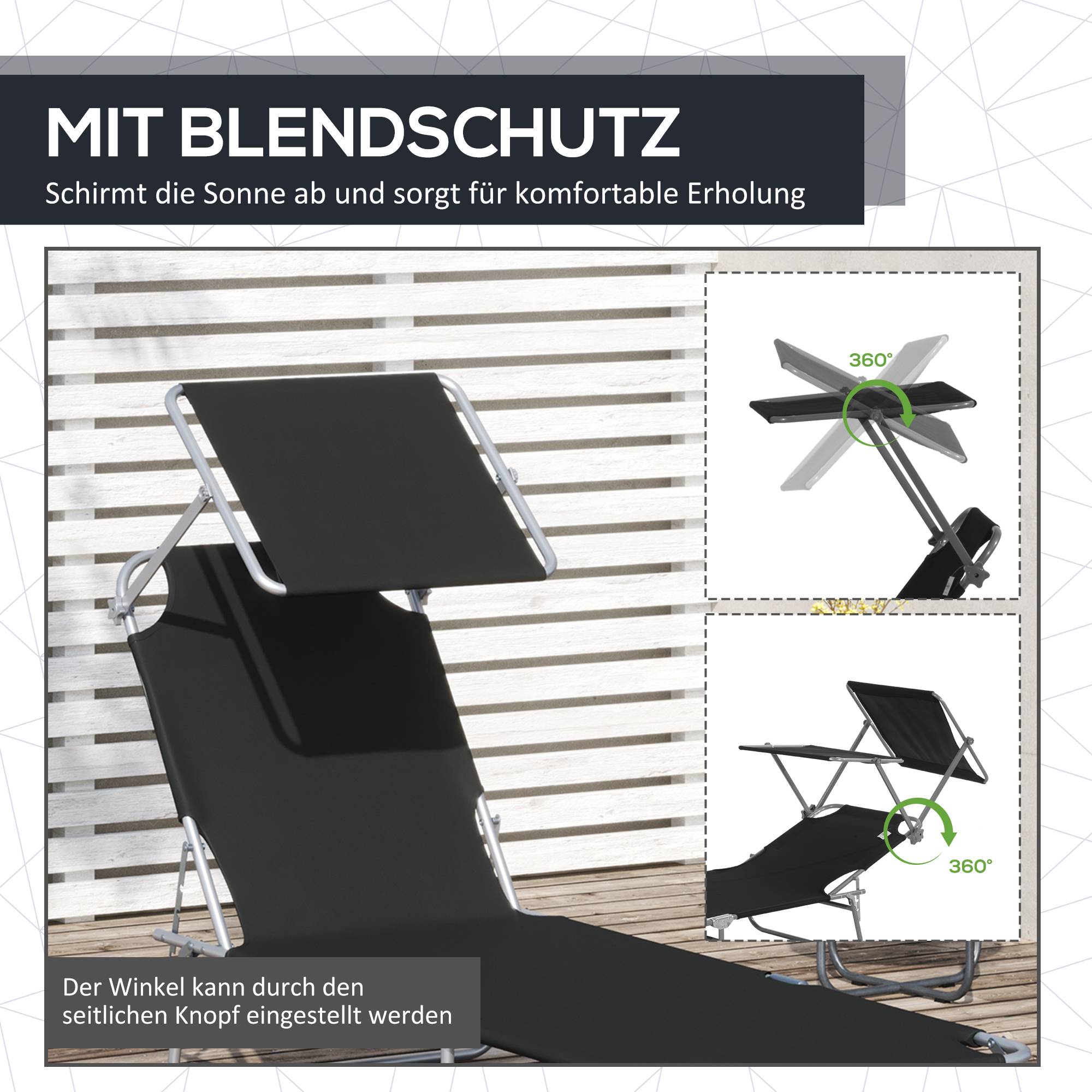 Transat pliant noir avec pare-soleil, chaise longue de jardin dossier réglable 4 positions, charge 120 kg, balcon piscine - Image 8