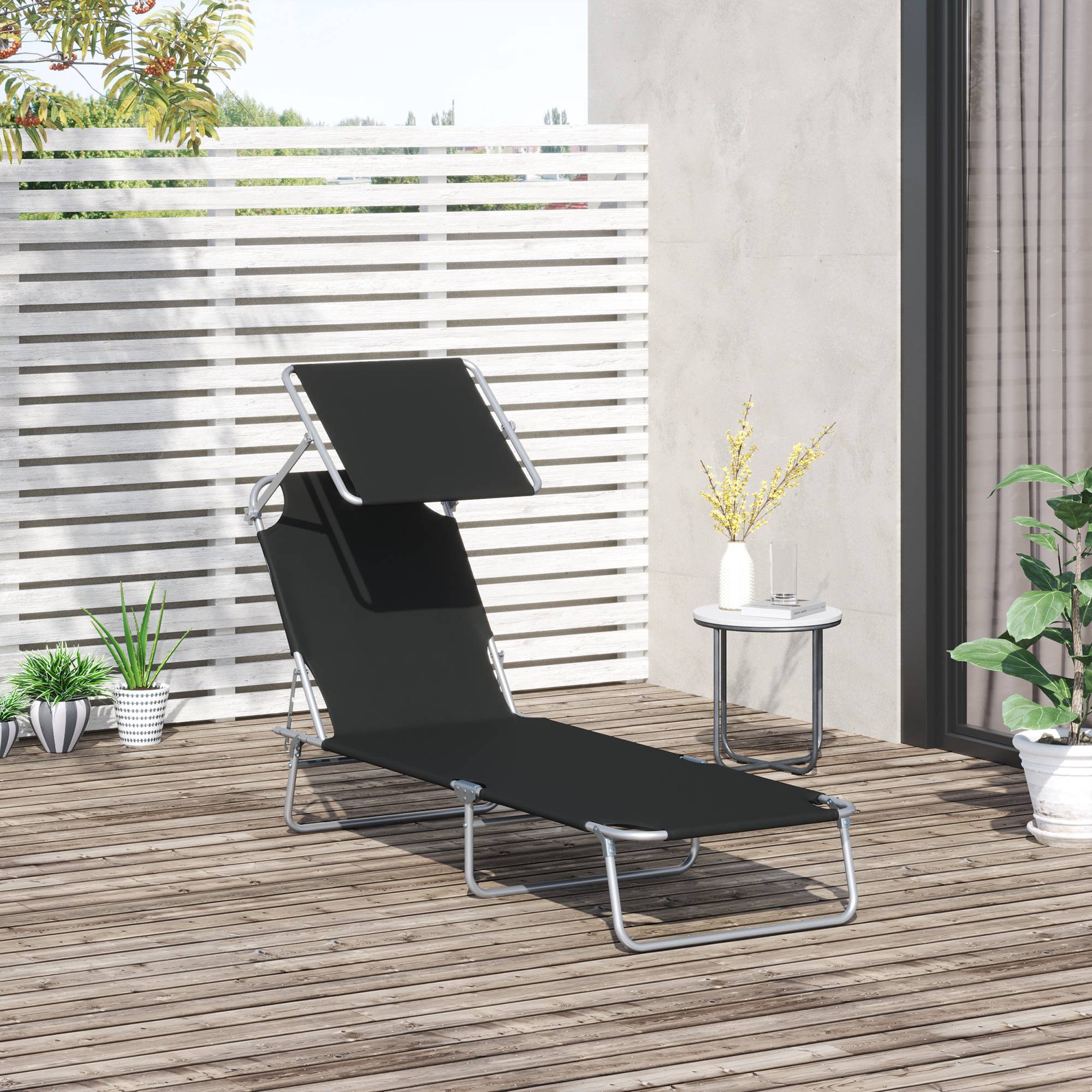 Transat pliant noir avec pare-soleil, chaise longue de jardin dossier réglable 4 positions, charge 120 kg, balcon piscine - Image 3