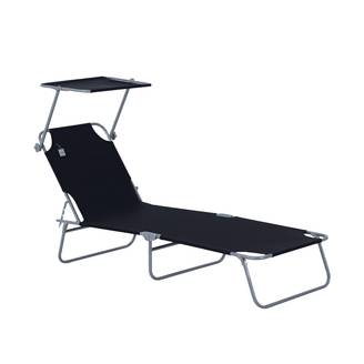 Transat pliant noir avec pare-soleil, chaise longue de jardin dossier réglable 4 positions, charge 120 kg, balcon piscine