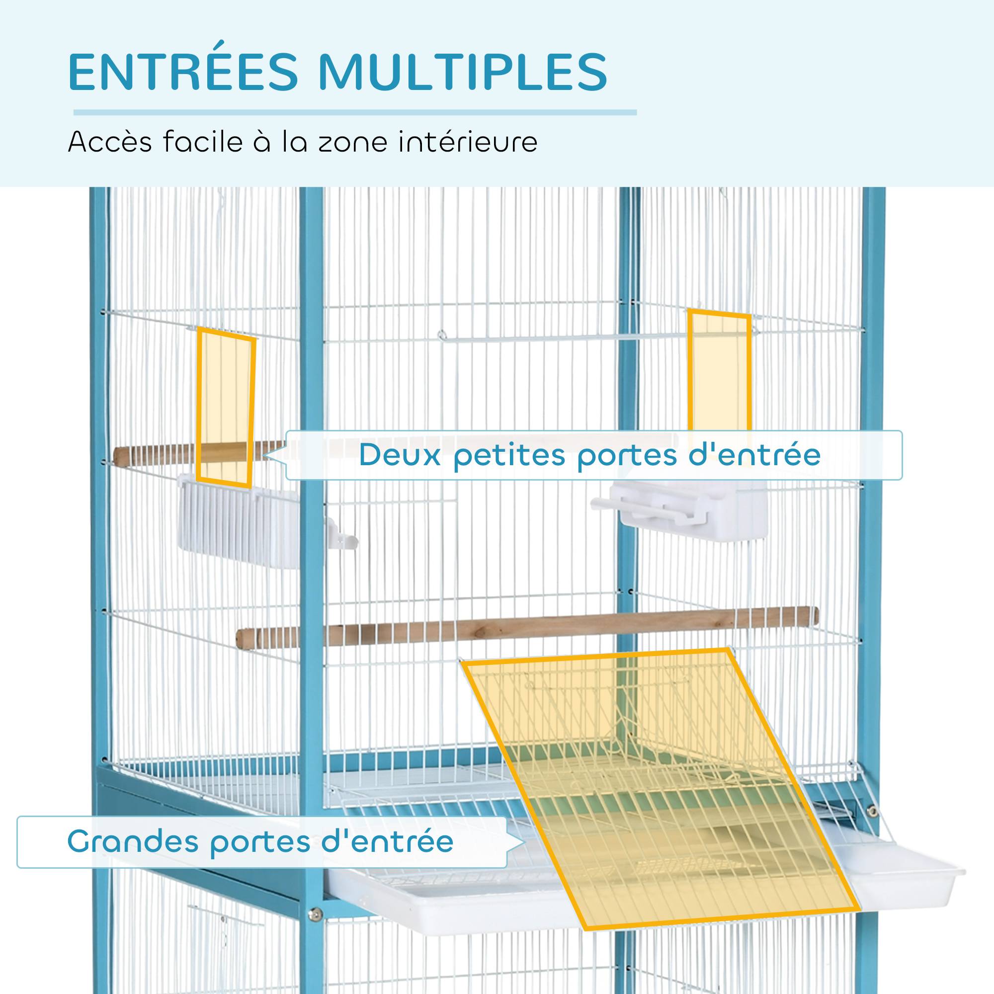 Grande Cage à Oiseaux sur Pied Double avec Mangeoires Perchoirs Plateau Amovible Roulettes 51,5 x 50 x 140 cm Bleu Clair - Image 7